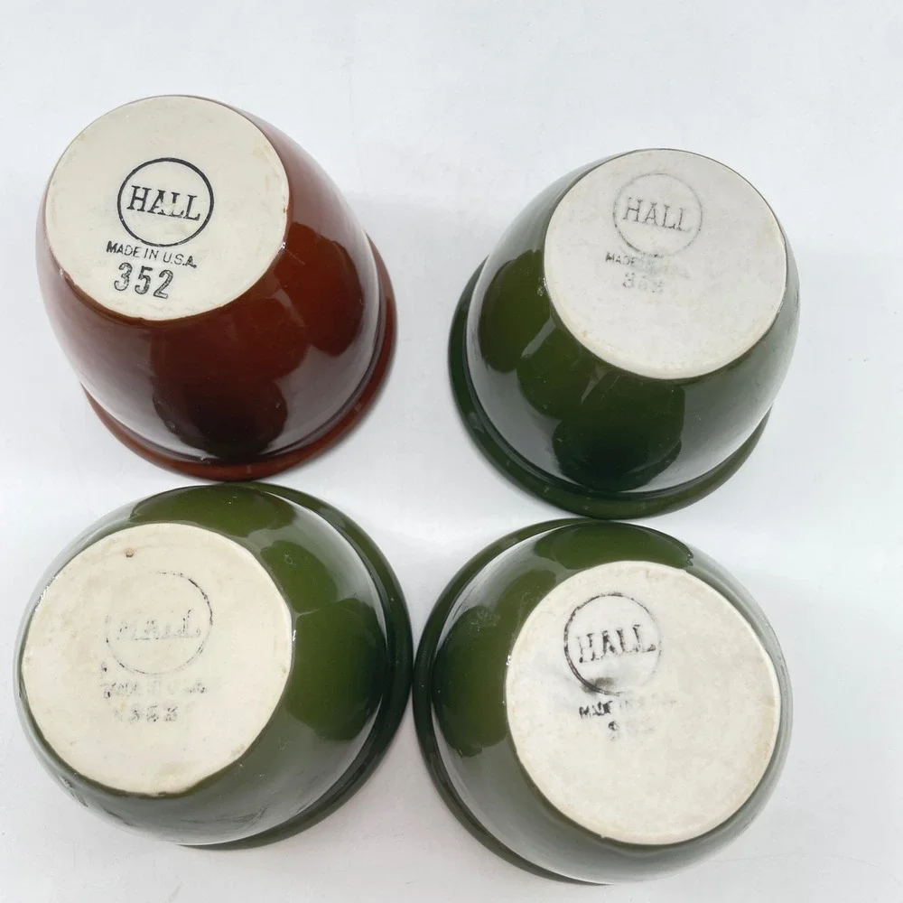 Hall China Vintage Custard Cups Ramekins Set of 4 Green Brown USA Stoneware
